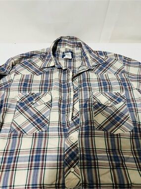 Men’s Vintage Wrangler Snap-Up Shirt in Cream and Blue Large